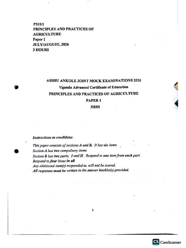 S6 Agriculture Paper 1 ASSHU Mock Examinations 2026