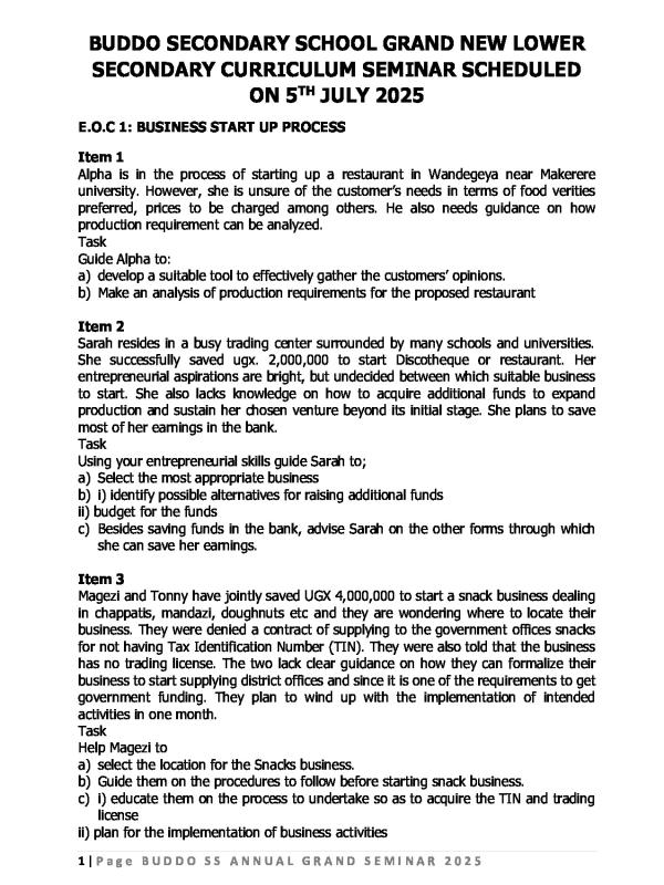 S6 Entrepreneurship and Economics Seminar Items 2025 (UNEB A-Level)