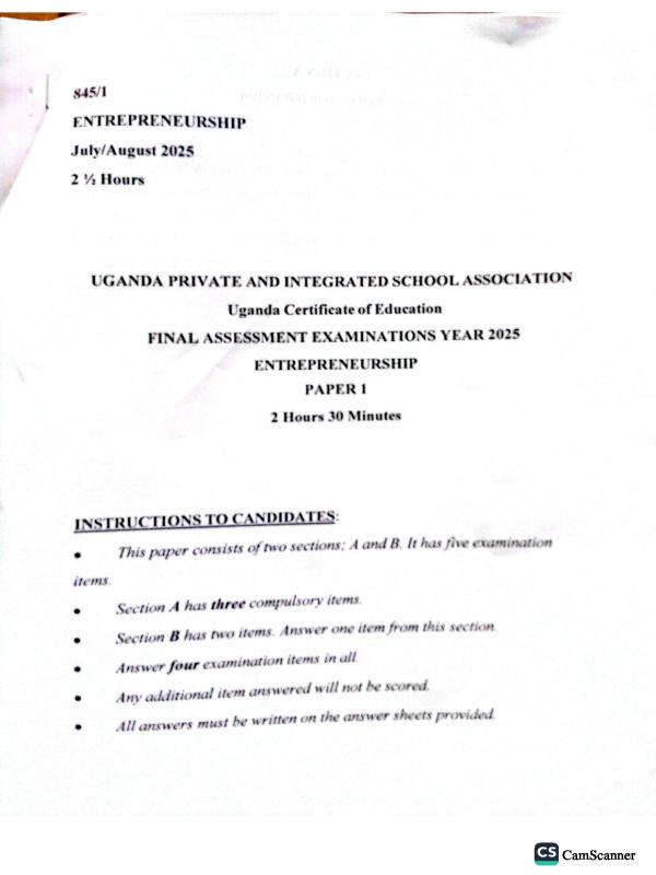 Senior 4 Entrepreneurship Education UPISA Mock Examination 2025
