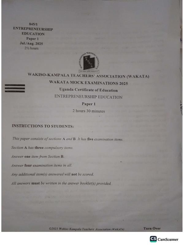 Senior 4 Entrepreneurship WAKATA Joint Mock Examination 2025