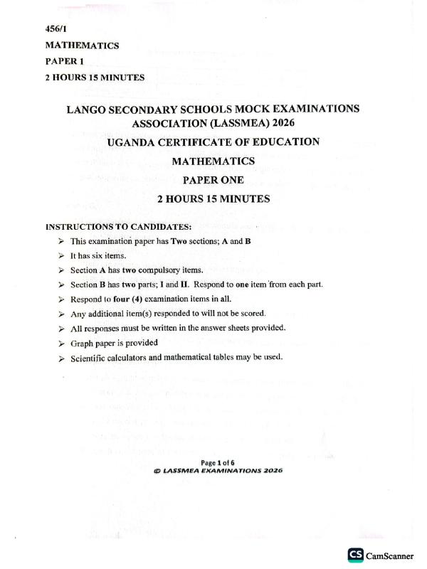 Senior 4 Mathematics Lango Joint Mock Examination Past Paper