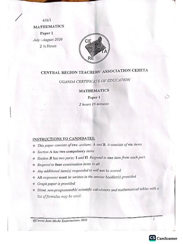 UNEB S4 Mathematics Cereta Mock Examinations 2026