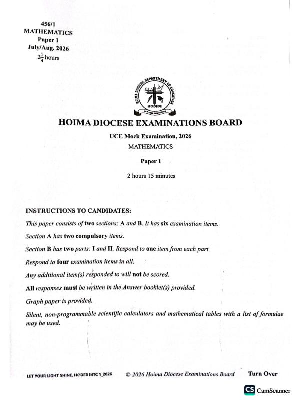 Senior 4 Mathematics HODEB Mock Examination 2026 - UNEB O-Level