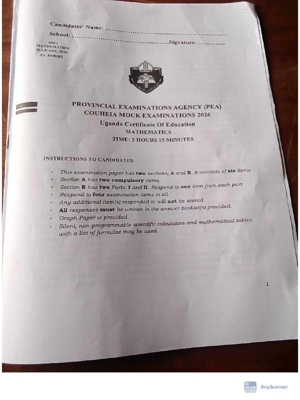 UNEB S4 Mathematics COUHEIA Mock Exam 2026