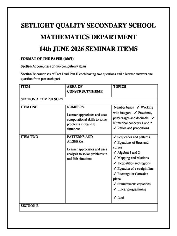 UCE Mathematics Seminar Items 2026 - Setlight Quality Secondary School