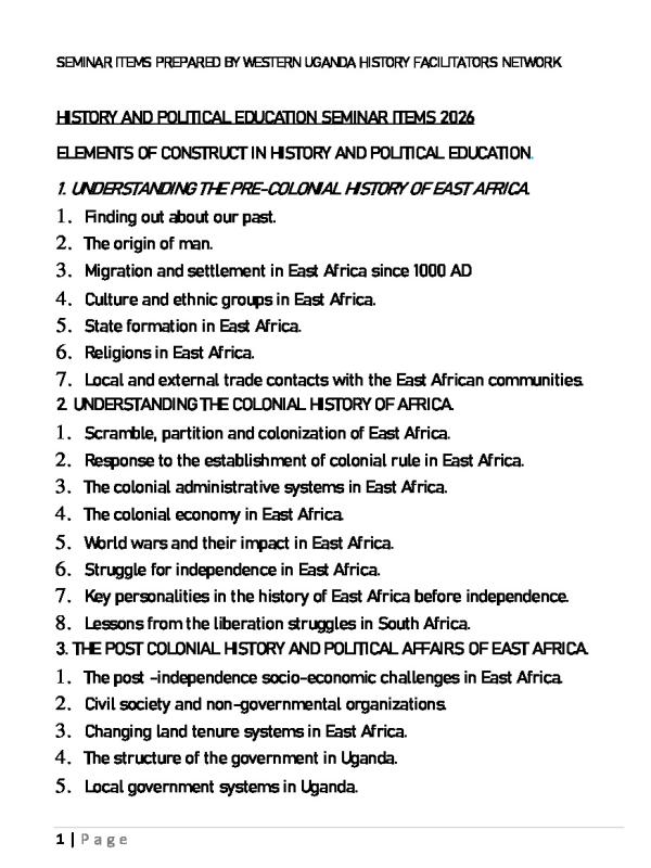Senior 4 History Seminar Revision Questions and Items 2026 | UNEB
