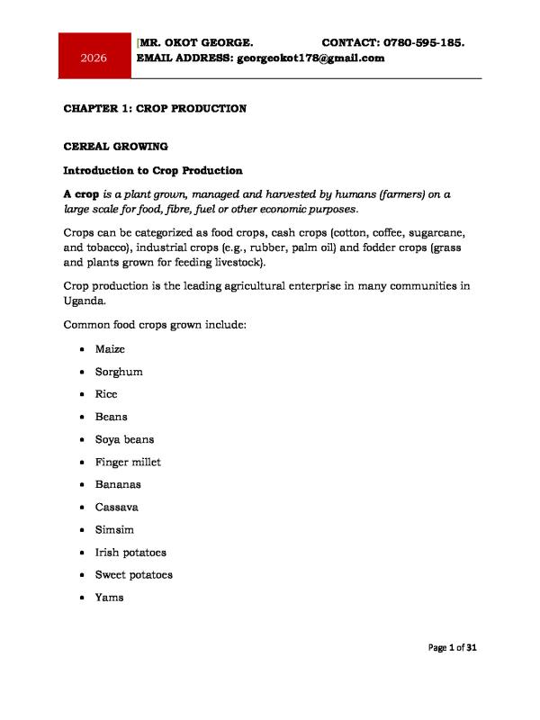 Senior 2 Agriculture Teaching Notes: Cereal Crop Growing