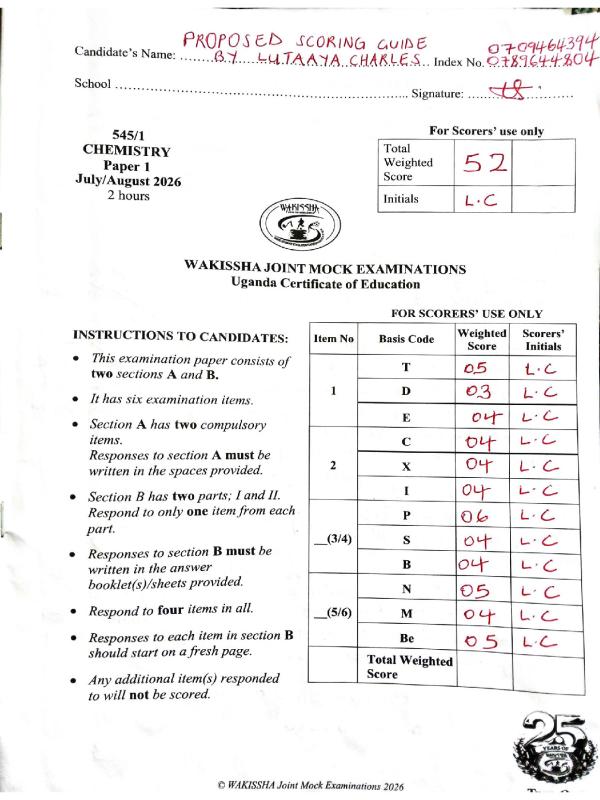 Wakissha UCE Chemistry Paper 1 Scoring Guide 2026