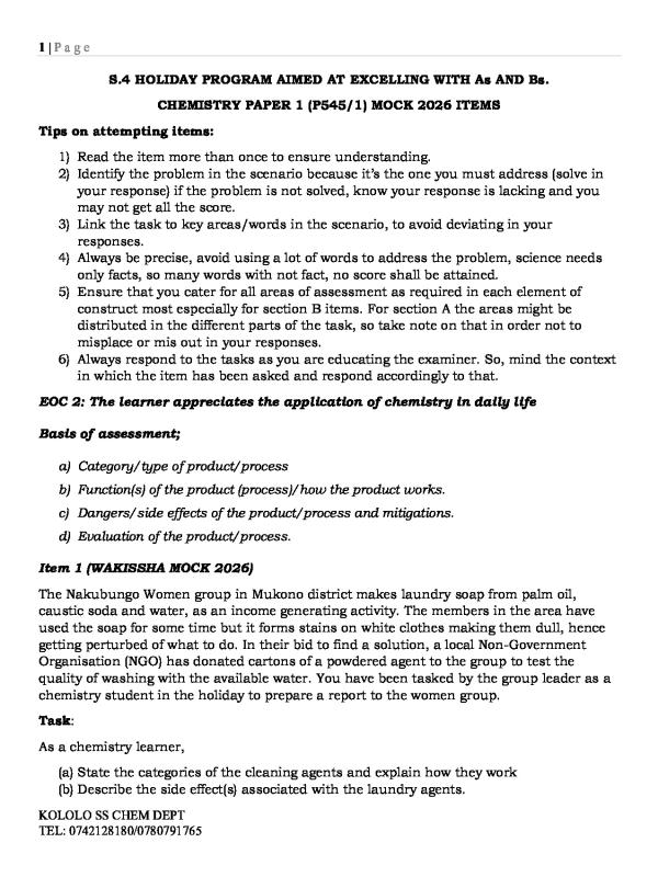 UNEB S.4 Chemistry Paper 1 (P545/1) Mock Revision Questions 2026