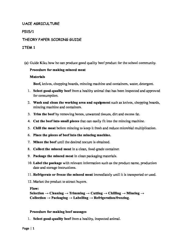 UNNASE UACE Agriculture Score Guide 2026