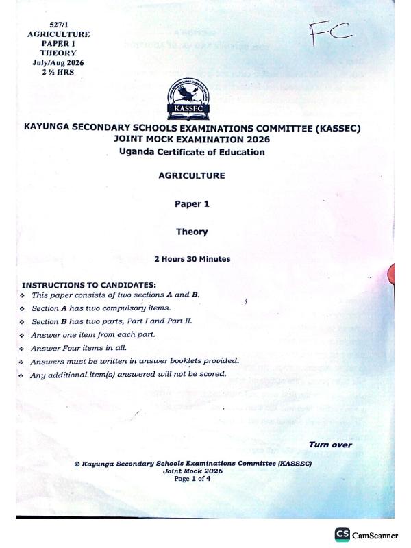 UCE Agriculture Paper 1 KASSEC Mock Examination 2026
