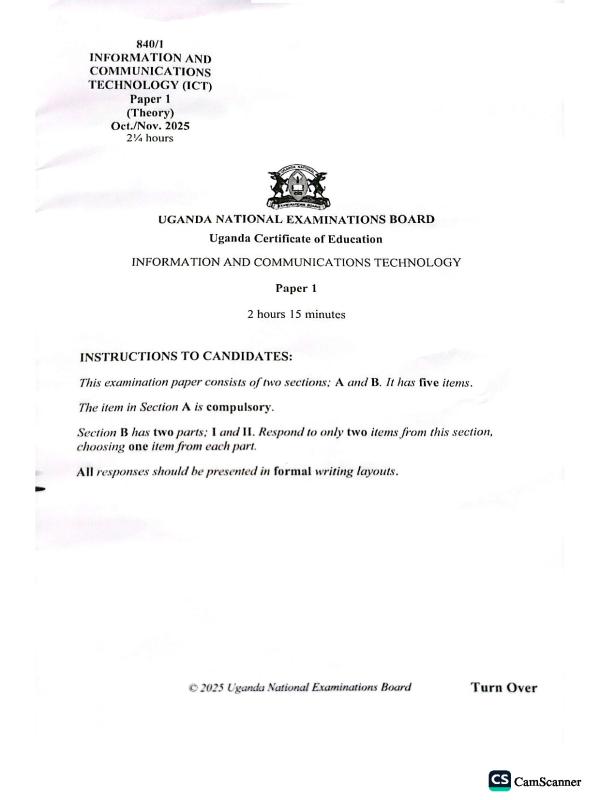 UNEB UCE ICT Paper 1 2025 Past Paper