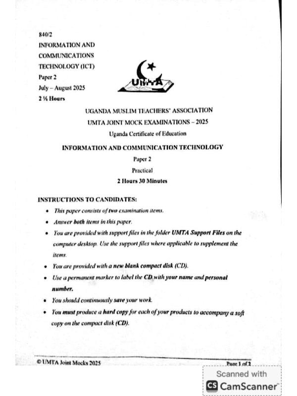 UMTA UCE ICT Paper 2 2025 Mock Question Paper