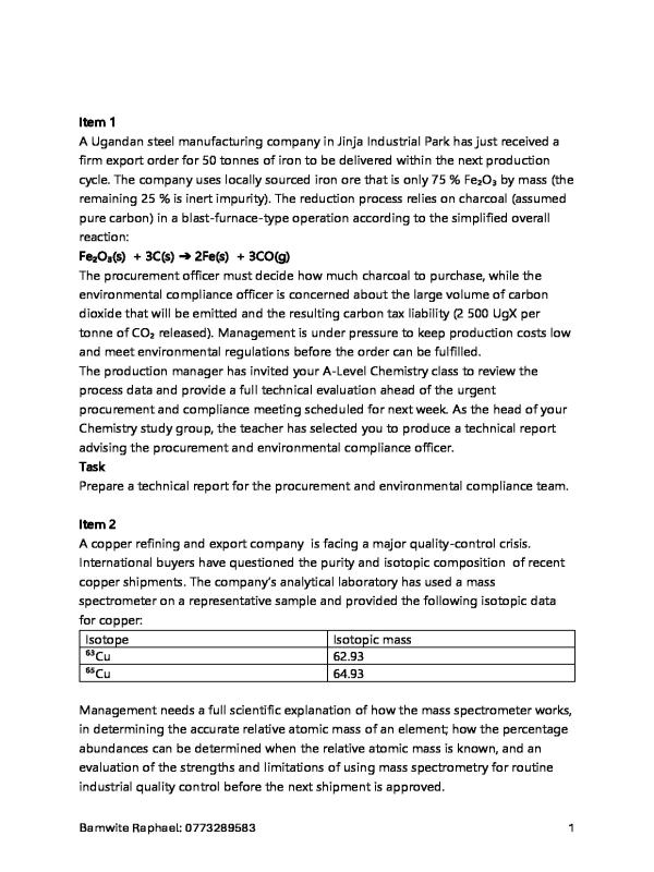 Senior Five (S5) Chemistry Revision Items