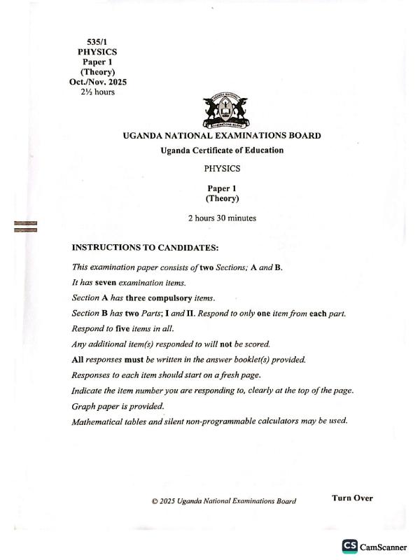 UCE Physics UNEB Paper 1 Past Paper - Uganda Certificate of Education