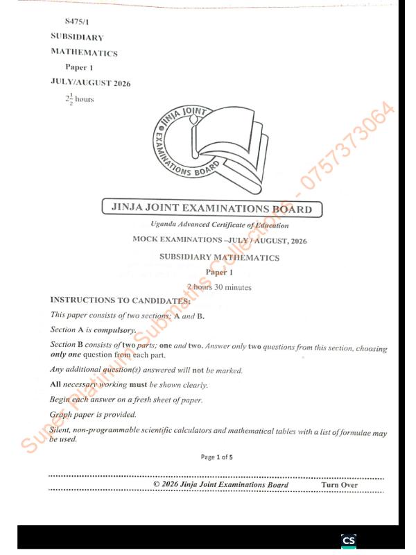 Subsidiary Mathematics Combined Mock Items 2026
