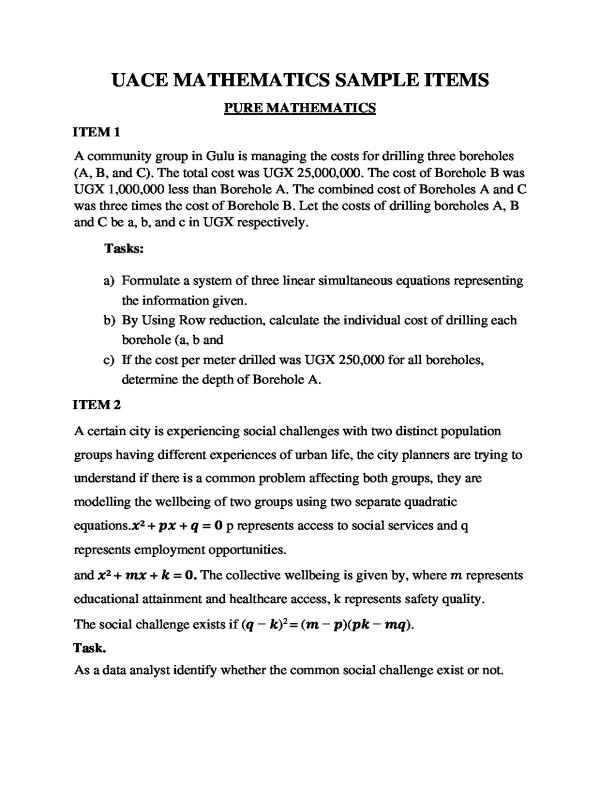 Pure Mathematics Item Bank - Advanced Level