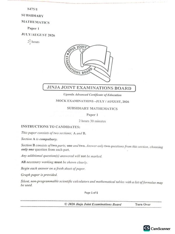 A Level Subsidiary Mathematics Mock Examination Paper - Uganda (UNEB)