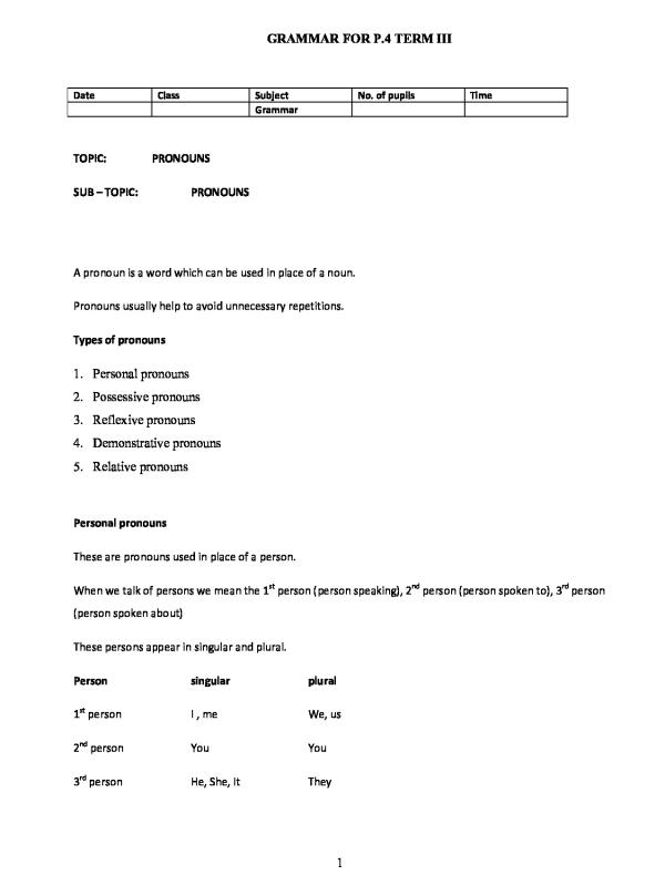 Primary Four (P.4) English Grammar Notes: Term Three