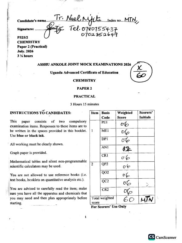 Uganda Certificate of Education (UCE) Chemistry Paper 1 2026 Score Guide - UNEB