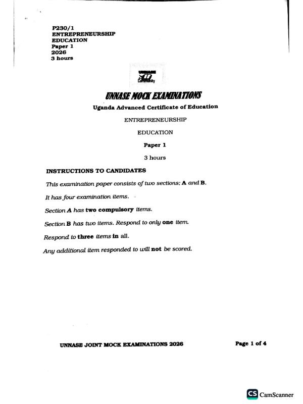 S6 UNNASE MOCK Entrepreneurship Paper 1 Mock Exam 2026