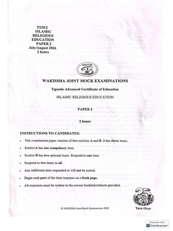 UACE Senior Six IRE Paper 1 WAKISSHA Mock Examinations 2026