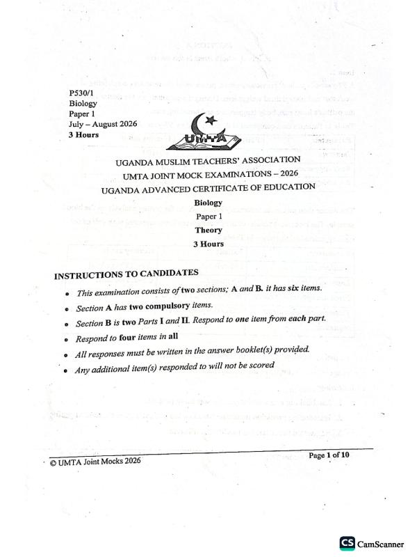 UACE Biology Paper 1 Mock Examination Paper