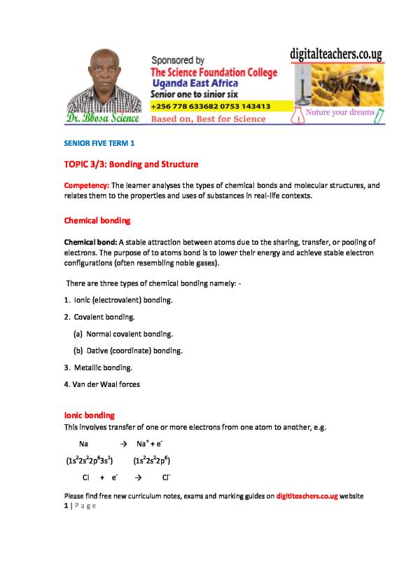 Secondary Chemistry: Bonding and Structure Notes | UNEB Syllabus