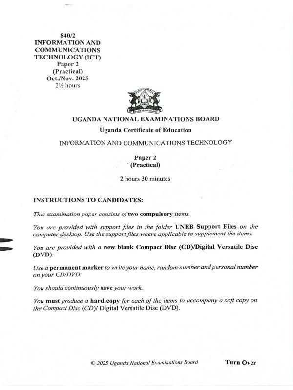 UNEB UCE ICT Paper 2 2025 Past Paper