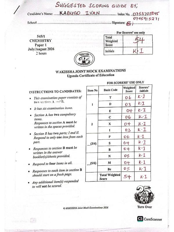 WAKISSHA UCE Chemistry Joint Mock Scoring Guide 2026
