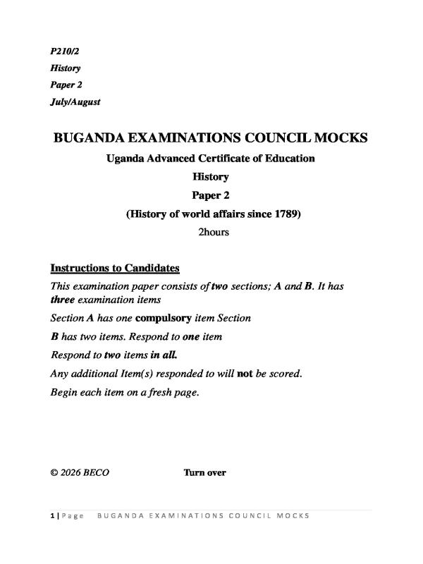 S6 History Paper 2 Buganda Mock Examination 2026