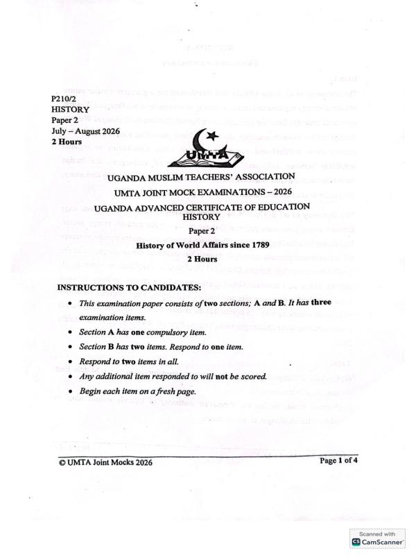 S6 UMTA History Paper 2 Mock Examination 2026