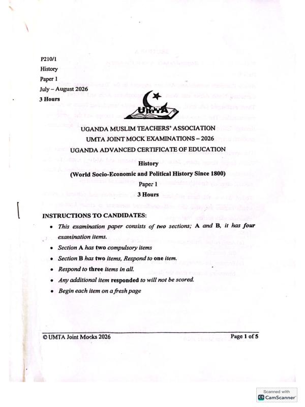 S6 UMTA History Paper 1 Mock Examination 2026
