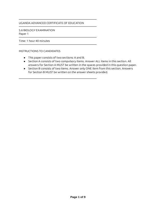 Senior Six Biology Paper 1 Scenario-Based Questions