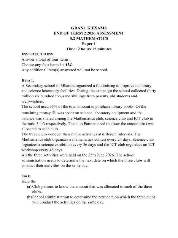 Senior Two (S2) Mathematics Sample Question Paper