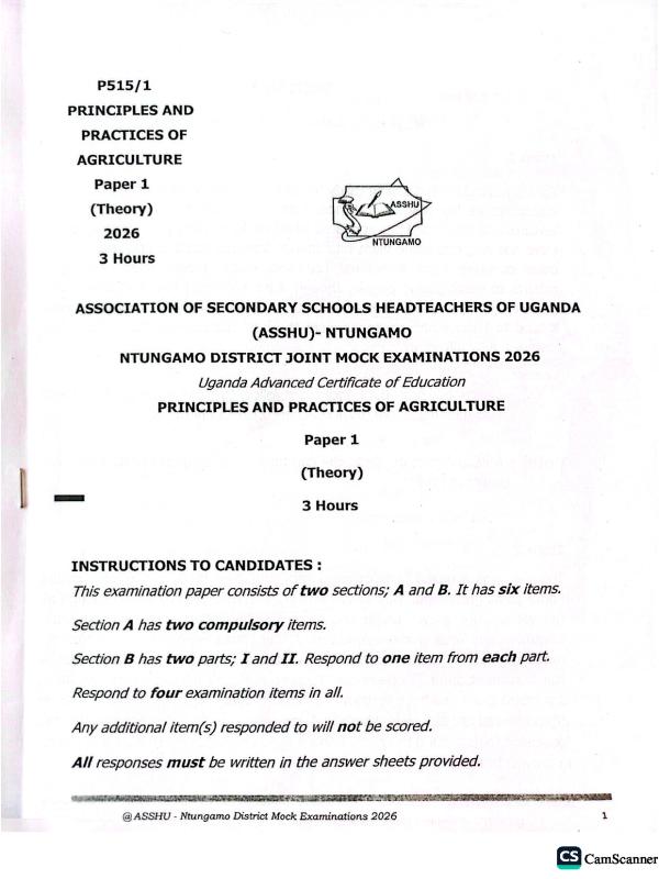 ASSHU Ntugamo District Agriculture Paper 1 2026 Mock Exam