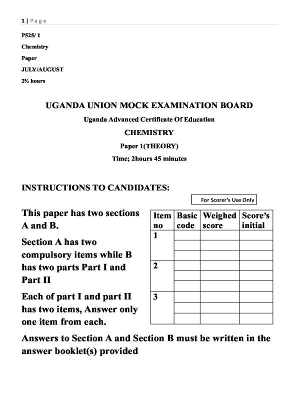 Chemistry UMOB Mock Examination 2026
