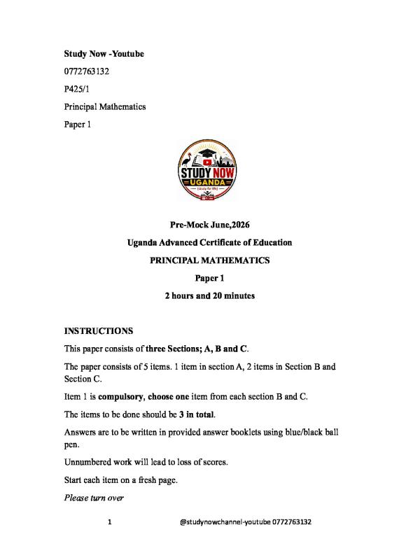 PREMOCK UACE Mathematics Paper 1 (2026)