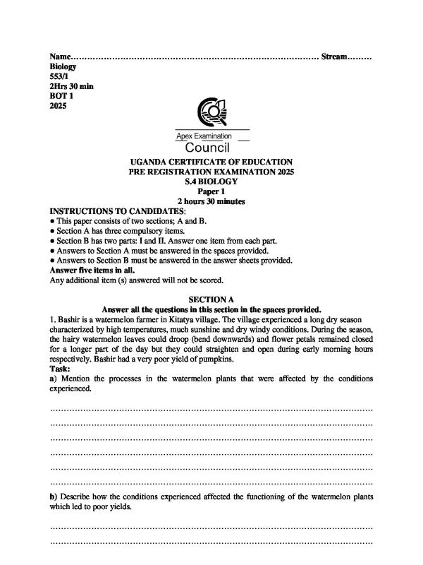 S4 Biology Revision Paper - UNEB O-Level Practice