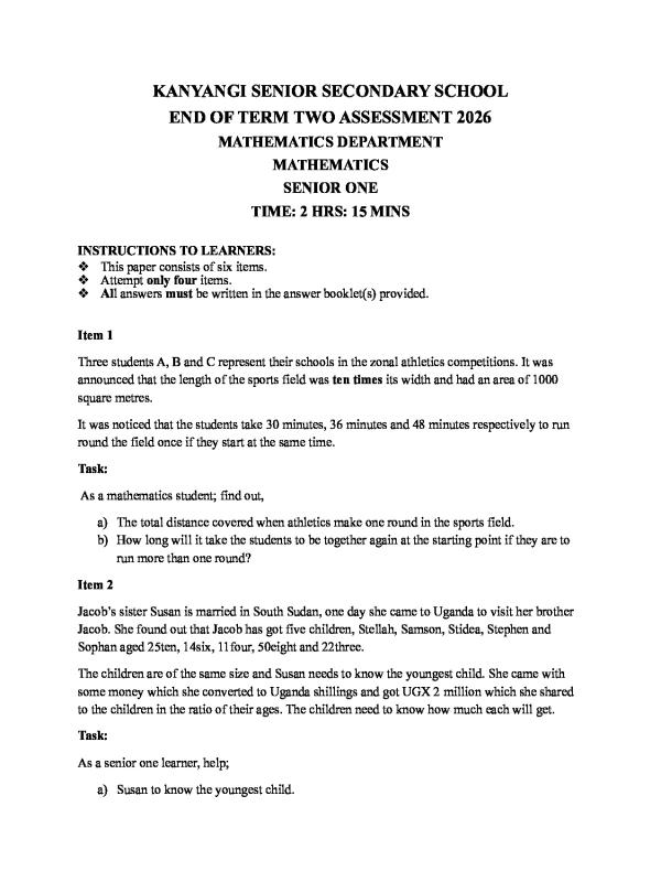 Senior One (S1) Mathematics Revision Paper