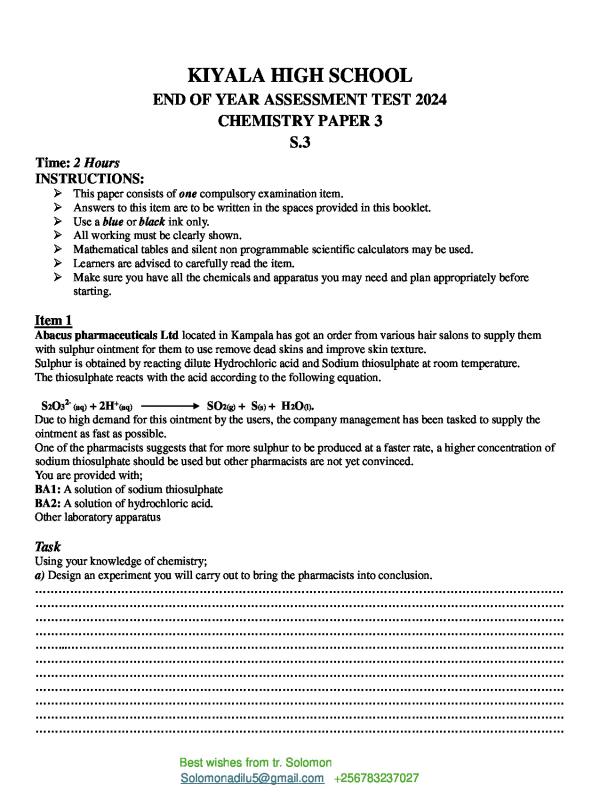 Senior 3 Chemistry Practical Past Paper & Revision Questions | UNEB