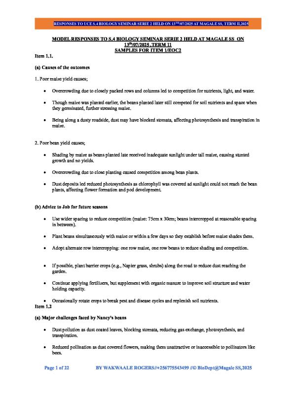 UCE Biology Seminar Practice Items and Revision Questions 2026 (UNEB)