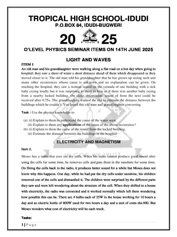 UNEB Physics Seminar Questions & Revision Items - Tropical High School