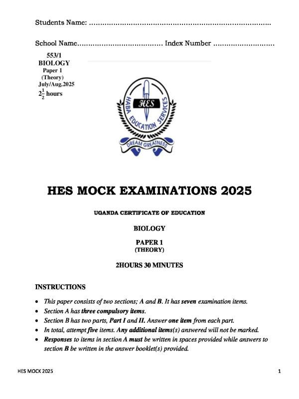 UCE HES Biology Paper 1 Mock Exam