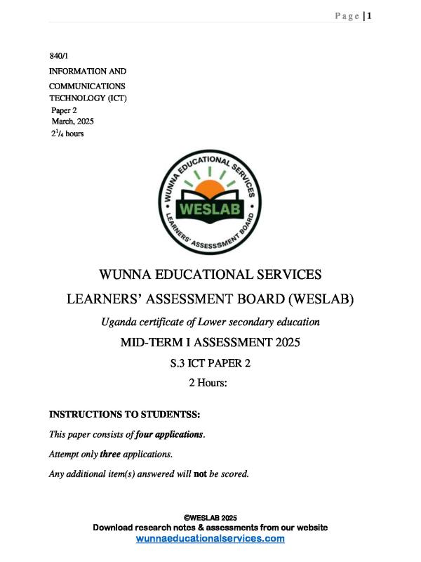 WESLAB Senior Three (S3) ICT Assessment Paper