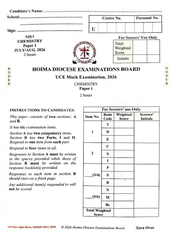 UCE HODEB Chemistry Paper 1 Mock Exam 2026