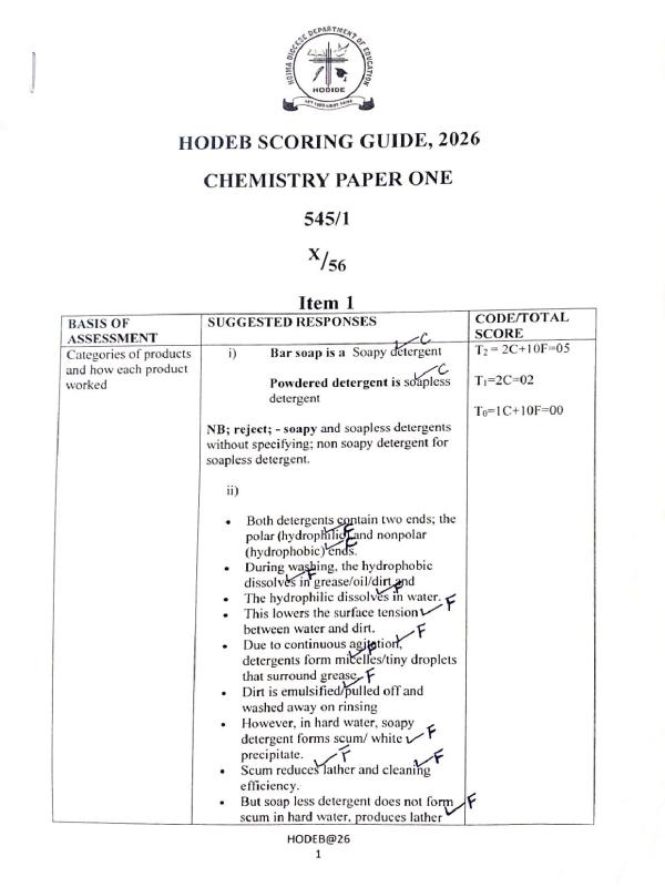 HODEB UCE Chemistry Paper 1 Scoring Guide 2026