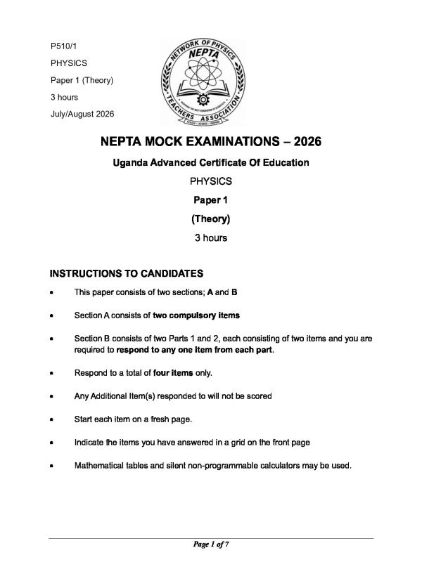 S6 Physics Paper 1 NEPTA Mock Exam 2026