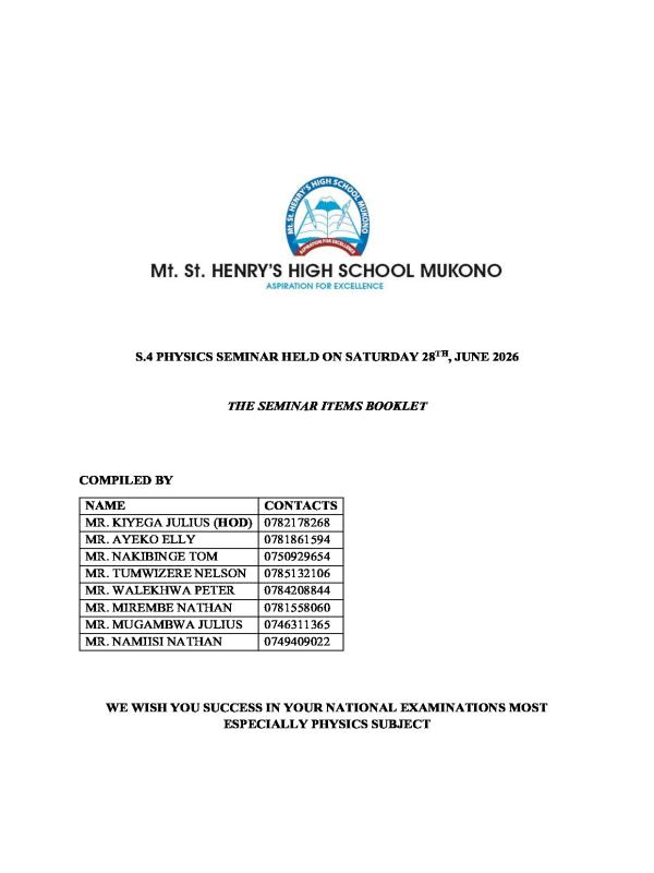 S4 Physics Seminar items 2026 - Mt. St. Henry's High School Mukono