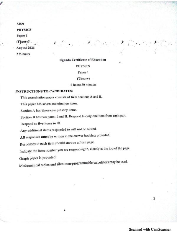 UCE Physics Paper 1 UNNASE Practice items 2026 | UNEB Revision